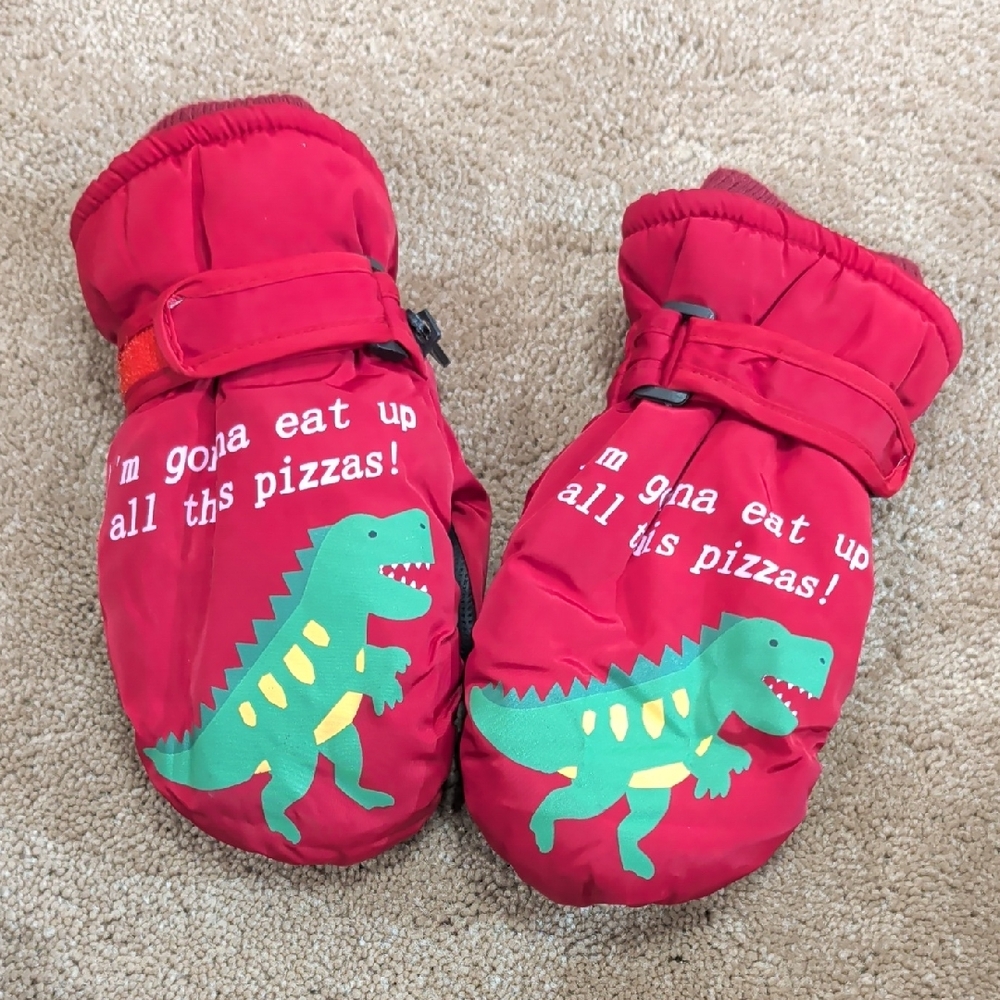 Red Dinosaur Kids Mittens